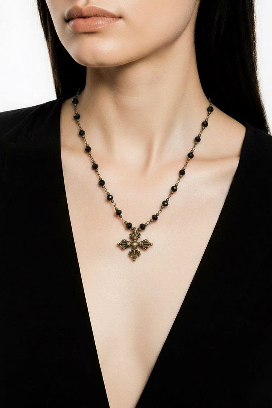 Clay Designs by Glee Crystal Beads Pewter Cross Pendant Necklace